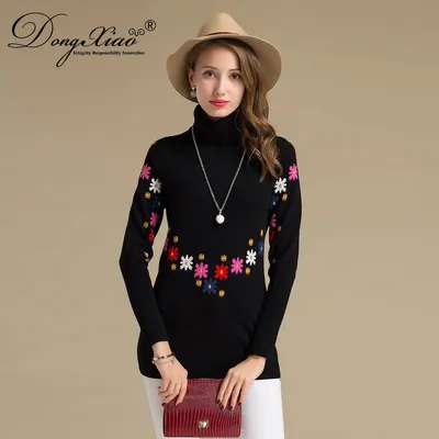 Flowers Jacquard Knitting Women Long Style Cashmere Wool Sweater 1