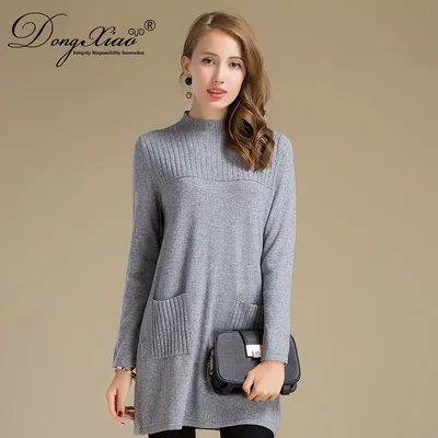 Women Wool Dress Knitted Long Cashmere Sweater with Pockets 1