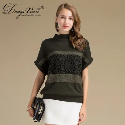 Women Stripe Sweater Wool Cashmere Slip Shoulder T Shirt 1