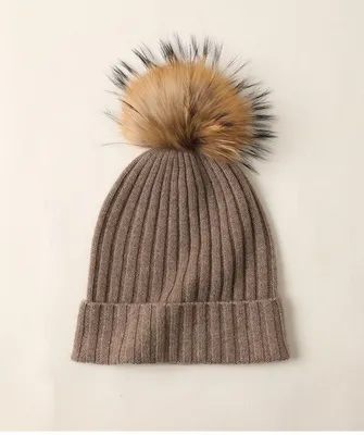 Fur POM POM Beanie Lady 100 Cashmere Hat 1