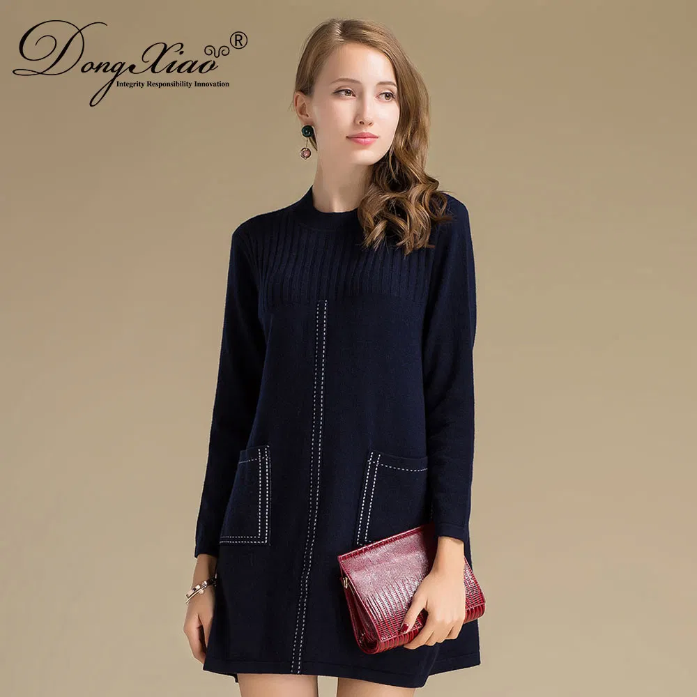 Fashion Navy Color Long Sleeve Cashmere Wool Knitted Dress 2