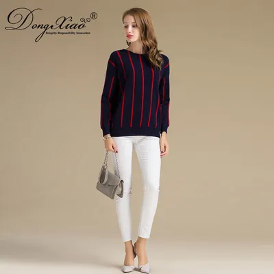 Casual Red Vertical Stripes Wool Cashmere Sweater for Girls 1