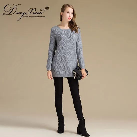 Round Neck Wool Cashmere Blended Women Long Sweater Design 1