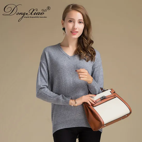 Fashion Gray Color V Neck Pure Cashmere Pullover Sweater 1