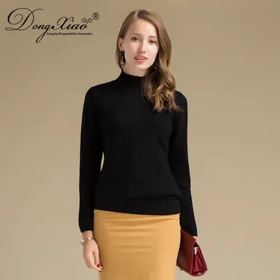 Rolled High Neck Cable Knit Wool Cashmere Sweater for Ladies 1
