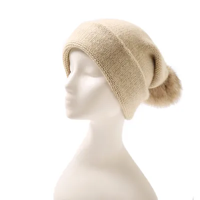 Rabbit Fur Ball Pure Cashmere Slouchy Knitted Beanie 1