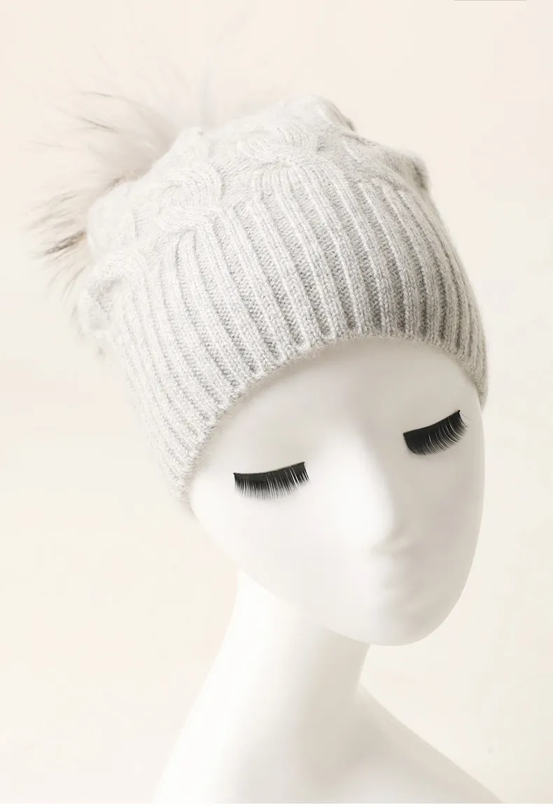 Factory Wholesale Cable Beanie 100 Cashmere POM Hat 2