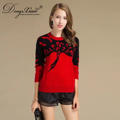 Women s Knitted Red Black Jacquard Winter Pullover Sweater 1