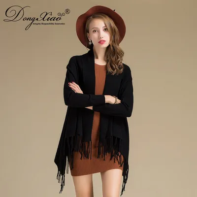 Black Color Long Sleeve Cashmere Poncho with Tassels 1
