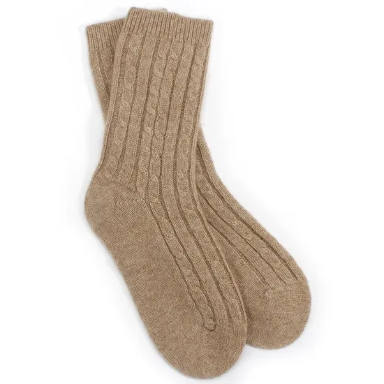 Cable Knitted Camel Color Cashmere Socks for Women 1